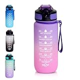 Trinkflasche Kinder 600ML, BPA-Frei Tritan Wasserflasche mit Strohhalm, Sport water bottle mit Zeitmarkierung für Fitness, Schule, Yoga, Outdoor (Lila-Hellorange)