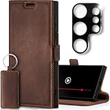 SURAZO Premium Handyhülle für Samsung Galaxy S25 Ultra Hülle mit Kameraschutz - Klappbare Echtleder Schutzhülle [Kartenfächern] [RFID Schutz] [Ständer] Stoßfeste Handgefertigte Lederhülle (Nussbraun)