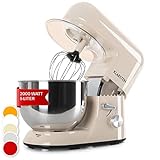 Klarstein Bella Morena - Küchenmaschine, Rührmaschine, Knetmaschine, 1200 W, 1,6 PS, 5,2 Liter, planetarisches Rührsystem, 6-stufige Geschwindigkeit, Edelstahlschüssel, creme