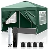 Bonnlo Pop-up Pavillon, Faltpavillon 3x3m, Höhenverstellbar, Wasserdicht Partyzelt mit 4 Seitenteilen, Gartenpavillon für Outdoor Hochzeit Garten Camping Party, Grau (Grün mit Sandsäcken)