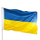 PHENO FLAGS Premium Ukraine Flagge 100% recycelt 90x150 cm - Extrem Wetterfeste Fahne mit Metall-Ösen und spezieller Versiegelungstechnik - Doppelt gesäumte Ukraine Fahne mit brillanten Farben
