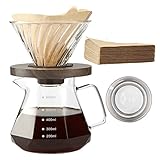 Lalord Pour Over Kaffeebereiter, 600 ml Borosilikat Glaskanne Set mit 02 Papierfilter 100 Blätter, Walnusshenkel, Für Zuhause, Café, Restaurant und Camping, 20 unze, 1 bis 3 Tassen