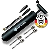 SPORTIVONETIC® Ballpumpe mit 4 Metallnadeln - 2 Kunsstoffnadeln - 1 Schlauch - geeignet für jeden Sportball Fußball, Volleyball, Basketball, Gymnastik Ball, Luftpumpe klein mit Nadel Nadeln schwarz