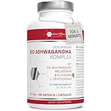 Bio Ashwagandha – 180 Kapseln mit patentierten KSM-66 Premiumrohstoff – Vegane Anti Stress Vitamine hochdosiert, laborgeprüft mit indischer Schlaf-Beere, Tryptophan, Melatonin und Magnesium.