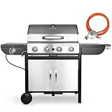TLSUNNY 4+1 Brenner Gasgrill aus Edelstahl, Master mit Seitenkochfeld,BBQ Grillwagen Gas mit 2 pcs Rad,Hochleistungsbrenner, Impulszünd, mit Thermometer,Große Grillfläche,Grillküche,4*/2.93KW + 2.33KW