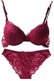 Nanier Damen Sexy Push up BH Set Mit Stickerei Wein rot 80B