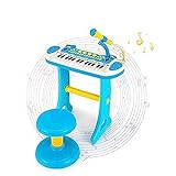 GOPLUS Kinderkeyboard mit 31 Tasten & Hocker, Elektronisches Keyboard mit Mikrofon, Aufnahme- und Wiedergabefunktion, Blinklichter, 22 Demos, Musikinstrument für Kinder ab 3 Jahren (Blau)