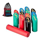 Relaxdays Kubb Wikingerspiel, finnisches Wurfspiel, Holz, Outdoorspiel mit Zahlen, Erwachsene & Kinder, mit Tasche, bunt, 1 Stück