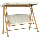 Outsunny Hollywoodschaukel mit verstellbarem Sonnendach Sitzauflage, Holzoptik 3-Sitzer Gartenschaukel belastbar bis 330kg, Schaukelbank für Garten, Terrasse 198 x 120 x 170cm, Beige