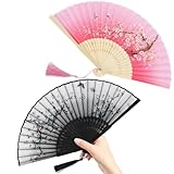 ARDFFA 2 Stück Handfächer Schwarz und Rosa, Faltfächer Faltbarer mit Quaste für eine Abkühlung im Sommer, Fecher Damen für Party, Tanz, Hochzeit, Heimdekoration, asiatische Dekoration, Cosplay