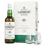 Laphroaig 10 Jahre + 2 Gläser | Islay Single Malt Scotch Whisky | mit Geschenkverpackung | einzigartig rauchig-torfiger Geschmack | 40% Vol | 700ml Einzelflasche + 2 Gläser