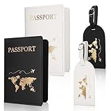 Firtink 4 Stücke Reisepasshülle und Kofferanhänger Set, Passport Holder, Gepäckanhänger mit Adressschild, PU Leather Reisepass Schutzhülle für Kreditkarten, Ausweis und Reisedokumente