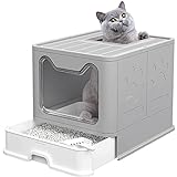 Katzenklo, Katzentoilette, mit Deckel, ausziehbares Tablett, geräumig für Katzen bis 15 kg, weniger Spuren, auslaufsicherer Boden (Grau)