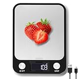 Muaket 1g/10kg wiederaufladbare digitale Küchenwaage, 17,5x15cm große Plattform elektronische Lebensmittelwaage mit 7 Einheiten und Tara-Funktion, Kitchen Scale mit Touch-Taste und Batterien
