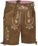 KOSMEEU Lederhose Herren Tracht Kurz Trachtenhose Trachtenlederhosen Lederhose Oktoberfest Mann Braun bayrische Trachten Hose Trachtenmode mit Hosenträger 52