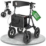 Rollator für draußen mit Luftbereifung bequemem Sitz und Lehne - robust leicht und faltbar. Der preiswerte Geländerollator in Titanschwarz