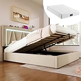 Crlnaup Polsterbett LED Doppelbett mit USB Typ C Ladefunktion und LED-Beleuchtung,Stauraumbetten Bettgestell aus Leinenmaterial Jugendbett 140x200 mit lattenrost(Mit Matratze)