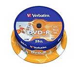 Verbatim DVD-R Wide Inkjet Printable 4.7GB, 25er Pack Spindel, DVD Rohlinge bedruckbar, 16-fache Brenngeschwindigkeit & Hardcoat Scratch Guard, DVD-R Rohlinge printable, DVD leer