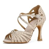 Syrads Damen Strass Standardtanzschuhe Latin Salsa Tanzschuhe Cross Strap Ballroom Tanzschuhe,Champagner Gold 9cm heel,37 EU