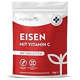 Eisentabletten mit 40 mg Eisen + Vitamin C (80mg) - 180 vegane Tabletten - Eisen Vitamin C Hochdosiert - ohne unerwünschte Zusatzstoffe - 6 Monate Vorrat - Hergestellt von Nutravita