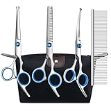 Hundeschere Fellschere Hunde, 5-in-1 Fellschere für Hunde, 4CR Hundeschere Set Profi mit Runder Sicherheitsspitze, Edelstahl Katze Fellpflege Effilierschere, Ausdünnen, Gerade Schere, Gebogene Schere