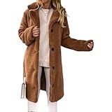 Langer Damenmantel aus Kunstfell, flauschig, Winterjacke, einreihig, Knopf, Strickjacke, Oberbekleidung mit Taschen, braun, XXL