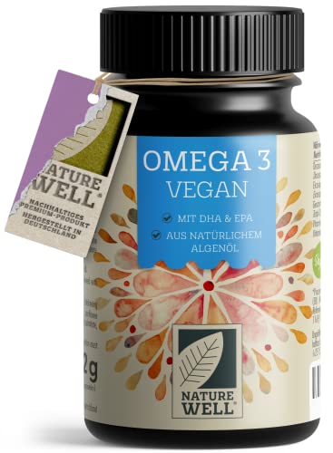Omega-3 Vegan 60 Kapseln hochdosiert, 2000mg Omega-3 Algenöl pro Tag mit 600mg DHA & 300mg EPA, veganes Omega-3 aus nachhaltigem Anbau als Fischöl-Alternative, laborgeprüft mit Zertifikat, NatureWell