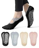 KEMUZ 4 Paar oga Pilates Socke Rutschfeste Socken, Antirutsch Stoppersocken Damen, Yogasocken mit Kreuzgurten, Universal Antirutschsocken Damen, für Yoga Pilates Bars Tanz, 4 Farben 35-40