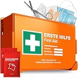 Erste Hilfe Kasten nach neuer DIN 13157:2021 inkl. Wandhalterung & Aufklebern|Universal Erste Hilfe Koffer für Betrieb, Haushalt oder Gastronomie - Büro Verbandskasten gefüllt, Sanikasten