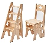 AAADRESSES Klappbare Bibliotheksleiter Aus Massivholz, Klappbarer 4 Stufen Hocker, Trittleitern Mit Doppeltem Verwendungszweck, Kletterleiter, Klappbarer Bibliotheksleiterstuhl,Original Wood,02