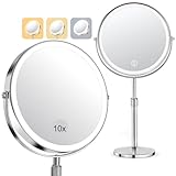 Schminkspiegel mit Beleuchtung, Kosmetikspiegel Vergrößerungsspiegel Mit Licht 10X - Make-up-Spiegel für Präzision, Doppelseitig Vergrößerung 8' 2000mAh 3 Farben Beleuchtungsmodi, Rund 360° Drehbar