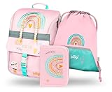 Baagl Schulranzen Mädchen Set 3 Teilig, Zippy Schultasche für 1. Klasse, Grundschule Ranzen Tornister mit Brustgurt, Ergonomischer Schulrucksack (Regenbogen Rosa)