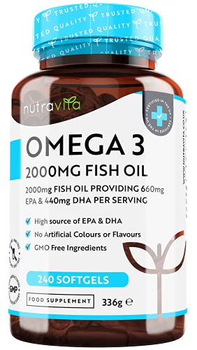 Omega 3 Kapseln hochdosiert 240 - 2000mg Fischöl Kapseln mit 660mg EPA & 440mg DHA pro Portion - Omega 3 Öl, Reines Fischöl aus nachhaltiger Fischerei - Geprüft/Zertifiziert in Deutschland - Nutravita