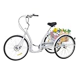 Linanty Dreirad für Erwachsene 26 Zoll 6-Gang, Dreiradfahrrad mit großem Korb, Verstellbarer Sitz Cruiser Trike Rennrad für Männer, Frauen, ältere Menschen, Weiß