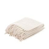 HOMLA Vaffel Baumwoll-Plaid mit Fransen - Weiche Kuscheldecke Überwurf für Couch und Bett - Dezentes Baumwollstrick - 130 x 170 cm - Naturfarbe