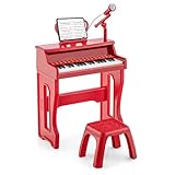 COSTWAY 37-Tasten Kinder Keyboard, elektronisches Kinderklavier mit Hocker, verstellbarem Mikrofon & Notenständer, Kinderpiano Klaviertastatur für Kinder ab 3 Jahren (Rot)