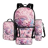 Xoenoiee Mädchen-Rucksack-Set mit Lunchtasche, Federmäppchen und Wasserflaschen-Tragetasche, für Kinder, Studenten, Schultasche, 4-teiliges Set, Axolotl-Druck, Rosa Axolotl Kirschblüte, Einheitsgröße