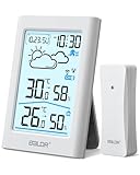 BALDR Wetterstation Funk mit Außensensor, Digital DCF-Funkuhr Thermometer Innen/Außen Temperaturanzeige ,Raumthermometer,Hygrometer, Wettervorhersage, Uhrzeitanzeige, Wecker,3.7 Zoll Display,Creme