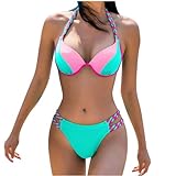 unterwäschen sexy Sommer 2024 Mode Bikini-Set für Damen, Badeanzug, hohe Taille, V-Ausschnitt, Zweiteiliger Badeanzug, modischer Farbblock-Patchwork-Tankini-Anzug Mint Green Medium