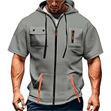 Herren T-Shirt mit Kapuze Sommer Kapuzenpullover Ärmelloser Tank Top Taschen Zipped Hoodie Männer Kordelzug Sweatshirt Workout Sport Tanktops Hooded Muskelshirt Unterhemden(Light Gray,L)