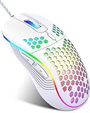 JYCSTE Kabelgebundene Gaming Maus, RGB-Hintergrundbeleuchtung und 7200 einstellbare DPI, ergonomische und leichte USB-Computermaus mit hochpräzisem Sensor für Windows PC & Laptop-Gamer (Weiß)