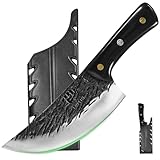 FULLHI Multi-color Holzgriff Full Tang Heavy Meat Cleaver mit Scheide, High Carbon Steel Chef Fleisch Schneiden Küchenmesser für Outdoor-Kochen, Camping BBQ (Schwarz, 6.85inch)