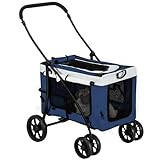 PawHut 2 in 1 Hundebuggy Haustierwagen Hundetrolley mit abnehmbarem Korb, 2 Sicherheitsleinen Klappbarer Katzenwagen für kleine und Miniaturhunde, Oxford, Blau