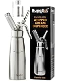 Runesol Sahnespender Edelstahl 500ml, Auslaufsicherer Einfach Reinigen Sahnesyphon, Professionelle Sahnesprüher für Desserts, Schlagsahne mit 3 Deko-Düsen, Schlagsahnebereiter, Whip Cream Dispenser