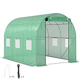 Outsunny Gewächshaus 200x300x200cm Foliengewächshaus Tomatenhaus mit Tür, 6 Fenster, Folientunnel aus verzinktem Stahl, 170g/m² PE, stabiles pflanztunnel, Treibhaus inkl. Erdanker & Seilen, Grün