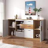 DUlVBPE Modernes Sideboard-Schrank mit viel Stauraum, mit LED-Beleuchtung, 160x40x77cm, 2 Türen, 4 Schubladen, Glasablage, Holzoptik, Weiß,Wohnzimmermöbel, Organizer, Kommode, Mehrzweckschrank.