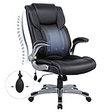COLAMY Bürostuhl mit Hoher Rückenlehne, Ergonomischer Computer-Schreibtischstuhl, Lederstuhl mit Gepolsterten Klapparmlehnen, Verstellbarer Neigungsverschluss, Drehstuhl für Erwachsene, Schwarz