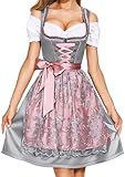 AMZHOTER Dirndl Damen midi Trachtenkleid Trachtenmode Trachtenrock Kleid inkl. Dirndlbluse Dirndlschürze 3 teilig für Oktoberfest Besondere Anlässe Grau 36