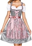 AMZHOTER Dirndl Damen midi Trachtenkleid Trachtenmode Trachtenrock Kleid inkl. Dirndlbluse Dirndlschürze 3 teilig für Oktoberfest Besondere Anlässe Grau 38