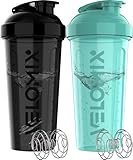 VELOMIX Protein-Shaker-Flaschen für Proteinmischungen, 2 x Drahtbesen, auslaufsichere Shaker-Becher für Protein-Shakes, Protein-Shaker-Flaschen-Packung (Schwarz/Türkis), 2 Stück